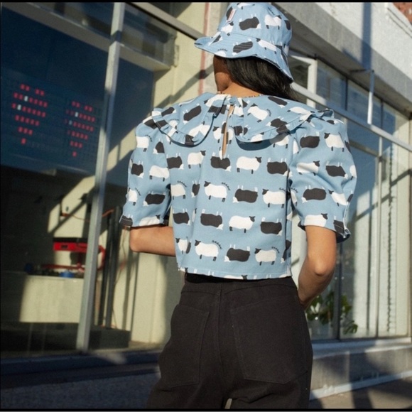 NWT Lisa Says Gah Wendy Counting Sheep Top Shirt Short Sleeve Print Blue - Picture 12 of 13